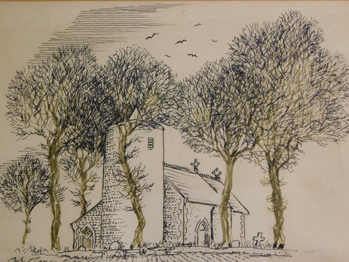 Lot 600 - Robert Lancaster. Church, ink drawing, signed,...