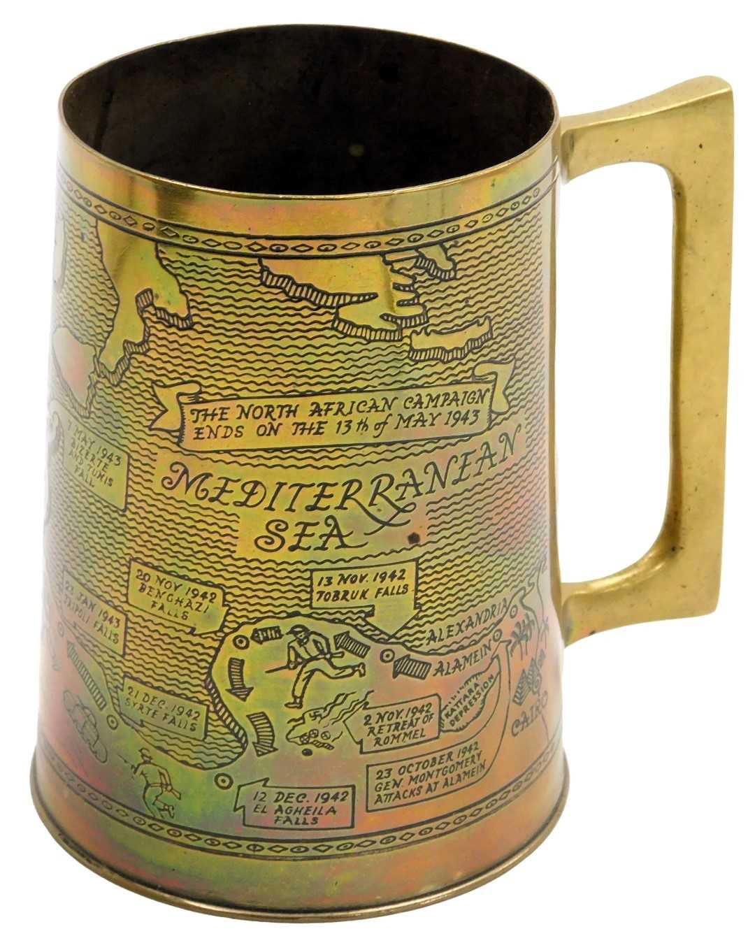 Lot 32 - A WWII brass tankard, from salvage metal from...