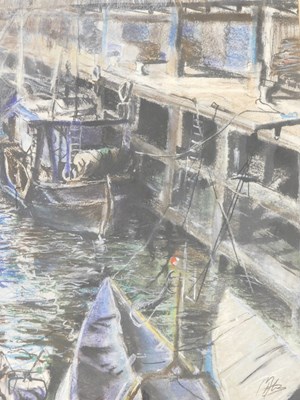 Lot 940 - Mike Helmy (20thC). Harbour scene with boats...