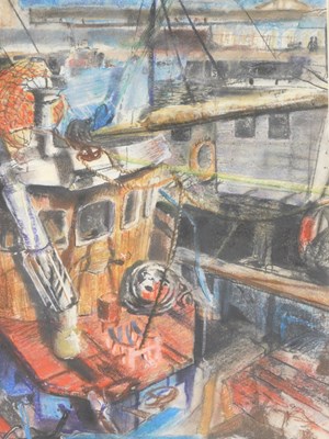 Lot 1181 - Mike Helmy (20thC). Fishing trawler, pastel,...