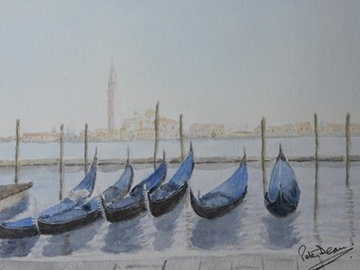 Lot 903 - Peter Dean (20thC). Venice, moored gondolas...
