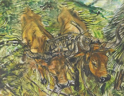 Lot 947 - 20thC School. Oxen in a naturalistic setting,...