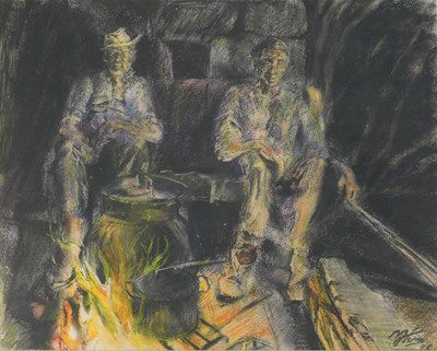 Lot 948 - Mike Helmy (20thC). Figures with cooking pot,...