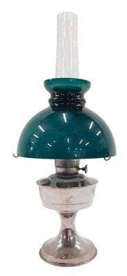 Lot 430 - A 20thC chrome plated oil lamp, with clear...