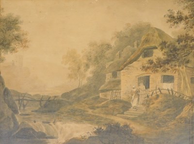 Lot 976 - 19thC School. Figures before cottage and trees...